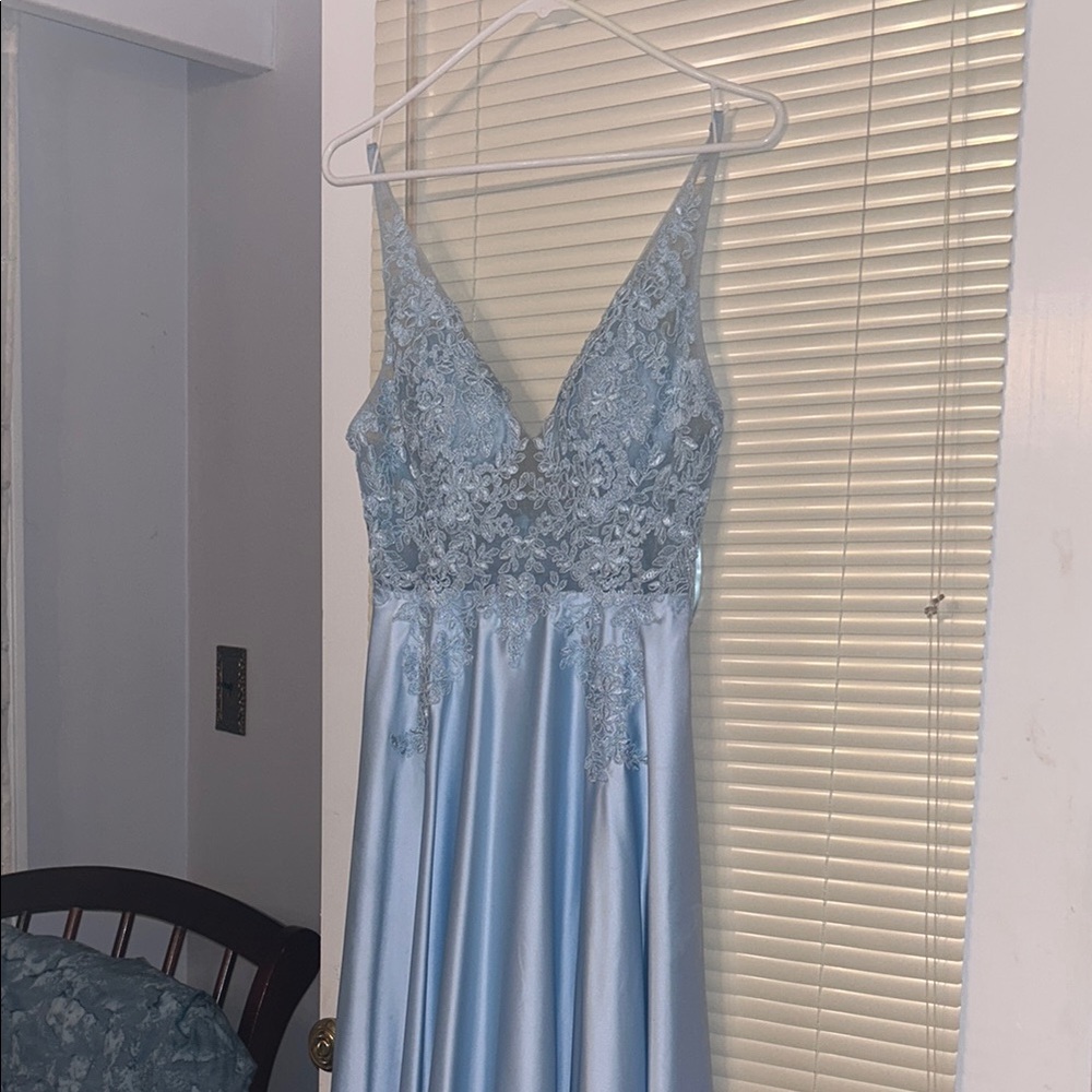 PromGirl Light Blue Lace Prom Dress